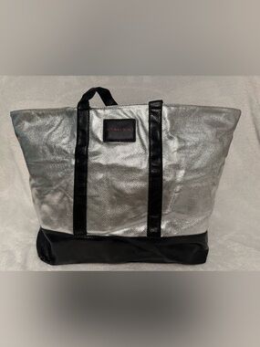 NWOT Victoria's Secret Silver Metallic Tote with Black Trim